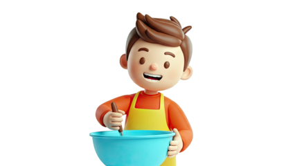 3D Cartoon Boy Mixing in a Blue Bowl with Yellow Apron