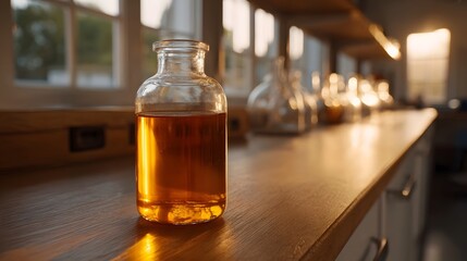 A clear glass bottle filled with golden amber liquid sits on a wooden laboratory bench bathed in warm sunset light
