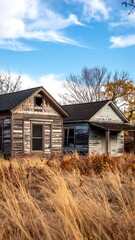 A rustic, weathered home sits in tall, dried grass under a bright blue sky dotted with fluffy clouds, creating a desolate scene