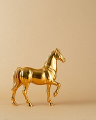 Golden horse figurine display studio setting sculpture minimalist environment close-up view artistic concept