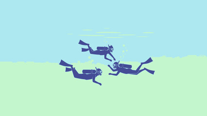 Three scuba divers swimming underwater in the ocean. © Abhinaya Project