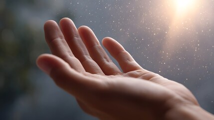 Open hand reaching upwards bathed in soft sunlight and shimmering particles