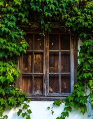 A rustic, weathered wooden window is framed by lush, green ivy, creating a vibrant contrast against a whitewashed wall. The light hits the scene beautifully