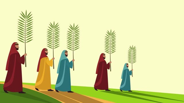Animated Palm Sunday Biblical Procession with People Holding Palm Leaves Illustration