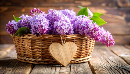 A rustic wicker basket filled with vibrant purple flowers and green foliage, resting on a weathered wooden table. A wooden heart hangs from the basket