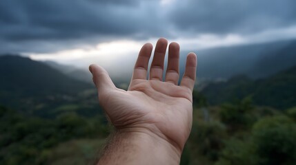 An outstretched hand welcomes the vastness of a dramatic mountain landscape under cloudy skies