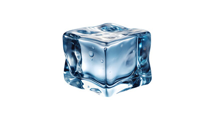 A clear ice cube with water droplets on a black background