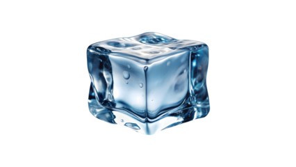 A clear ice cube with water droplets on a black background