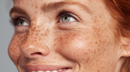 Radiant woman with freckles and bright smile showcasing natural beauty