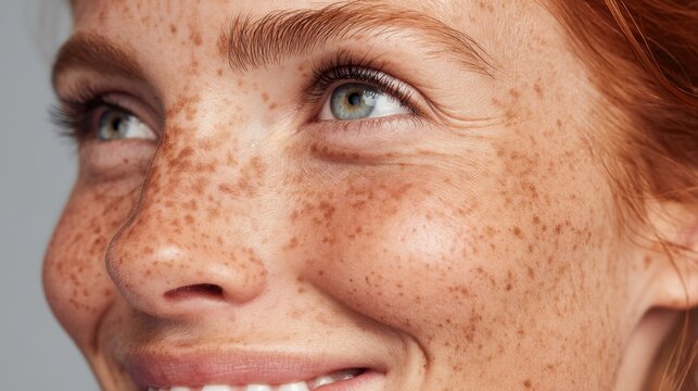 Radiant woman with freckles and bright smile showcasing natural beauty