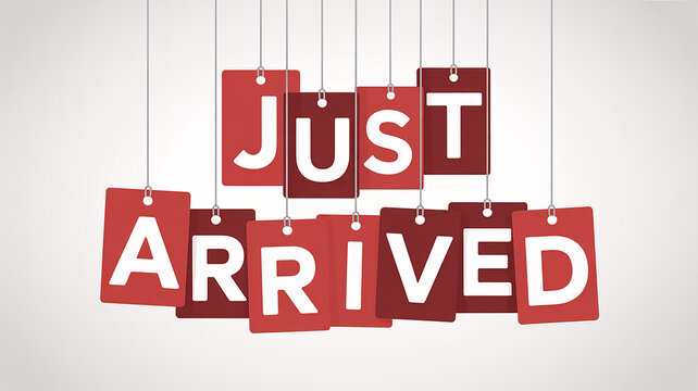 Just Arrived red tags hanging on strings against a light background arrival product