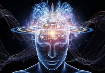 A digital illustration of virtual fractal realms where human mind energy patterns glow in a blue motion of light and space design backgrounds