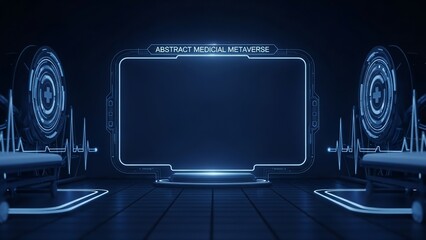 Futuristic technological interface with neon blue lights and abstract circular designs in a dark room from a straight-on viewpoint