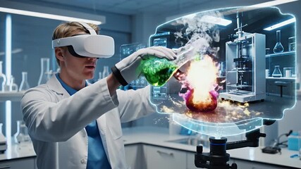 Scientist Using VR in Futuristic Lab - A scientist wearing a VR headset conducts a chemistry experiment, using holographic displays and virtual reality to manipulate beakers of liquid. - Powered by Adobe