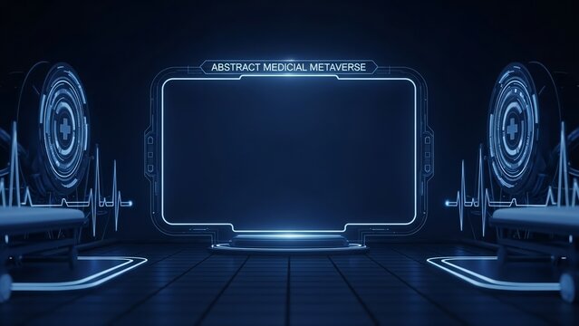 Futuristic technological interface with neon blue lights and abstract circular designs in a dark room from a straight-on viewpoint - Powered by Adobe