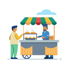 Indian street food vendor serving customer at stall in flat design