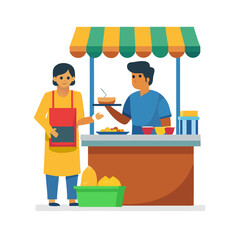 Indian street food vendor serving customer at stall in flat design