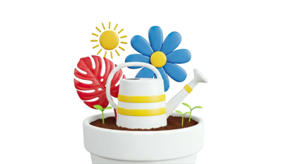 Gardening Illustration with Watering Can, Flower, and Sun