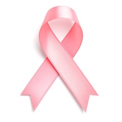 A satin pink ribbon, a symbol of awareness, is isolated against a white backdrop, casting a soft shadow