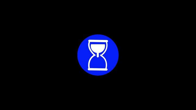 White hourglass icon inside a blue circle on a black background sand timer time