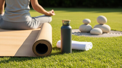 Man meditating peacefully on a yoga mat in a serene hotel garden, surrounded by neatly stacked stones and lush green grass under warm sunlight