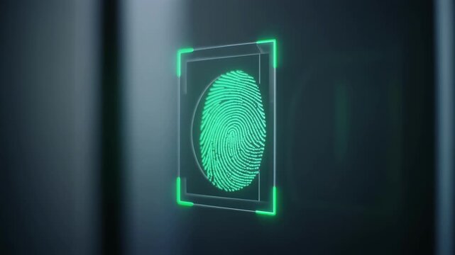 Macro Close-Up of Finger Touching Glass Fingerprint Scanner Lighting Green, Biometric Security and Access Concept