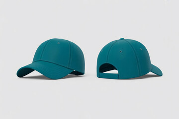 Fototapeta premium Teal baseball cap shown from front and back angles on white background