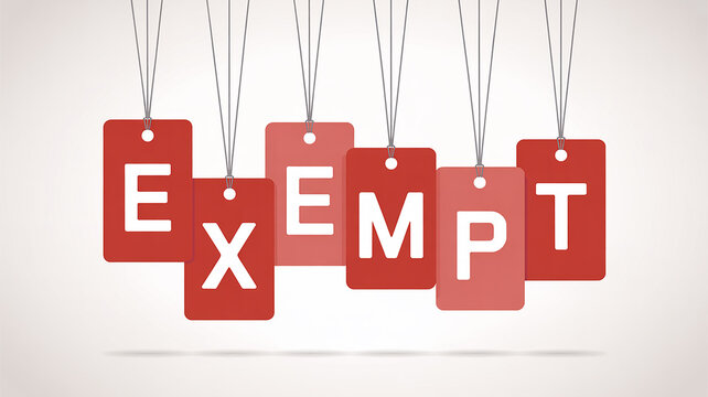Red tags with white letters spelling EXEMPT hanging on strings with shadow exempt