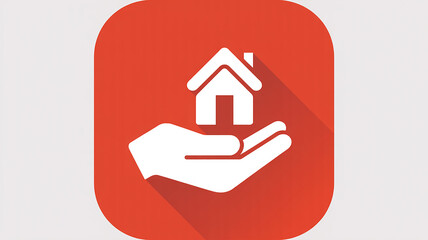 White house icon on open hand with long shadow on gray background Keywords: house, home, hand