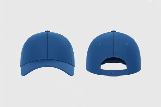 Front and back view of a solid blue blank adjustable baseball cap mockup