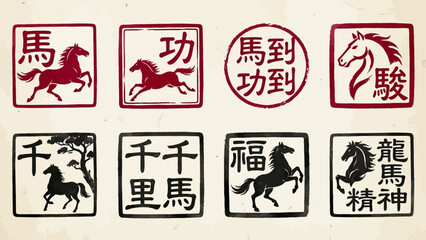 Obraz premium Chinese zodiac horse vector stamps with red and black calligraphy seals for prosperity, success, longevity — perfect for New Year decorations and cultural design assets