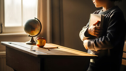 Child holding notebook against chest on school desk with morning light