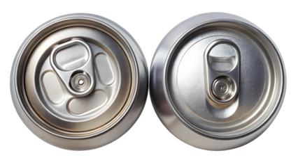 Two silver soda cans with pop tops on a black background