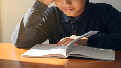 Child smiling at notebook on desk with soft morning light