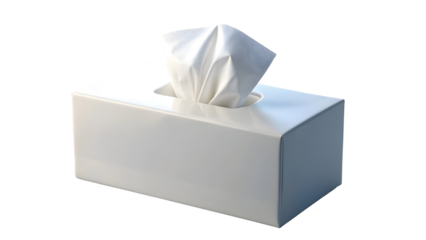 A white tissue box with a tissue sticking out on a black background