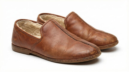 Stylish brown leather slippers home product photography indoor close-up fashionable comfort