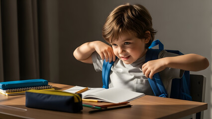 Child adjusting backpack straps at desk for school readiness