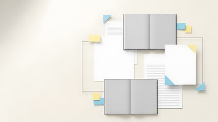 Minimalist geometric background with notebook and paper shapes