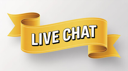 Yellow ribbon banner with bold white text LIVECHAT on white background live chat
