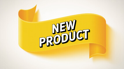 Yellow ribbon banner with NEWPRODUCT in bold black and white letters new product