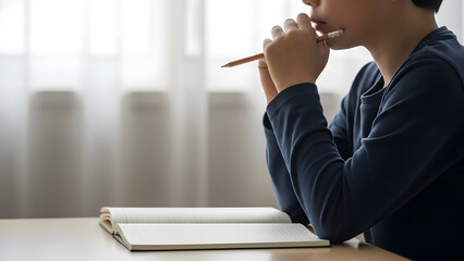 Thoughtful child holding pencil over notebook at desk by window