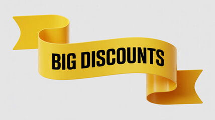 Yellow ribbon banner with the words BIGDISCOUNTS in black text discounts