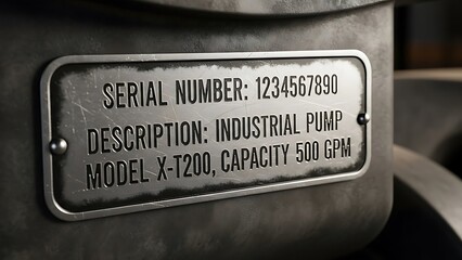 Detailed close-up shot showcasing a weathered metallic identification plate engraved with serial number description model and capacity specifications for heavy industrial machinery in a dark setting