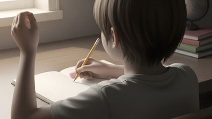 Attentive child student at desk looking at notebook with copy space