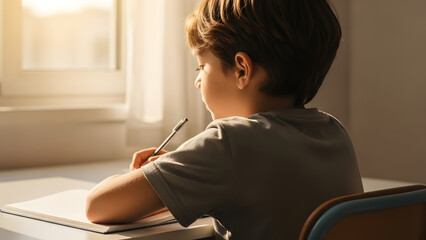 Attentive child student at desk looking at notebook with copy space
