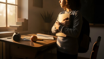 Child holding notebook against chest on school desk with morning light