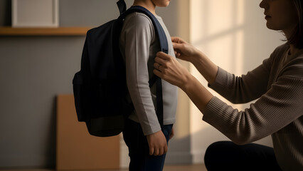 Parent Adjusting Child’s Backpack Straps Indoors
