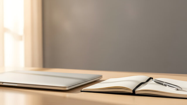 Closed laptop with notebook on desk for digital education banner
