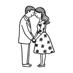 Vintage Romantic Illustration of Young Couple Holding Hands and Touching Foreheads for Valentine Day.