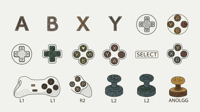 Collection of various video game controller buttons and input components.